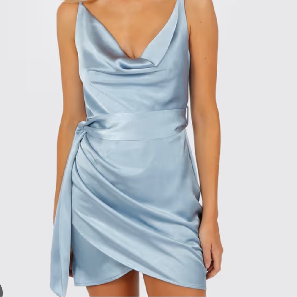 Elegant Blue Satin Dress - Cowl Neck